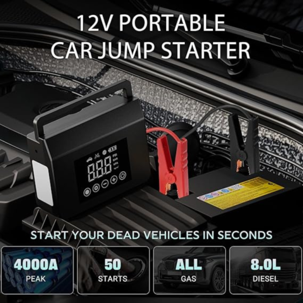 Hieha 4000A Portable Jump Starter with Air Compressor, 12V Car Battery Charger (All Gas 8L Diesel) with 150PSI Tire Inflator 8000mAh PowerBank & Quick...